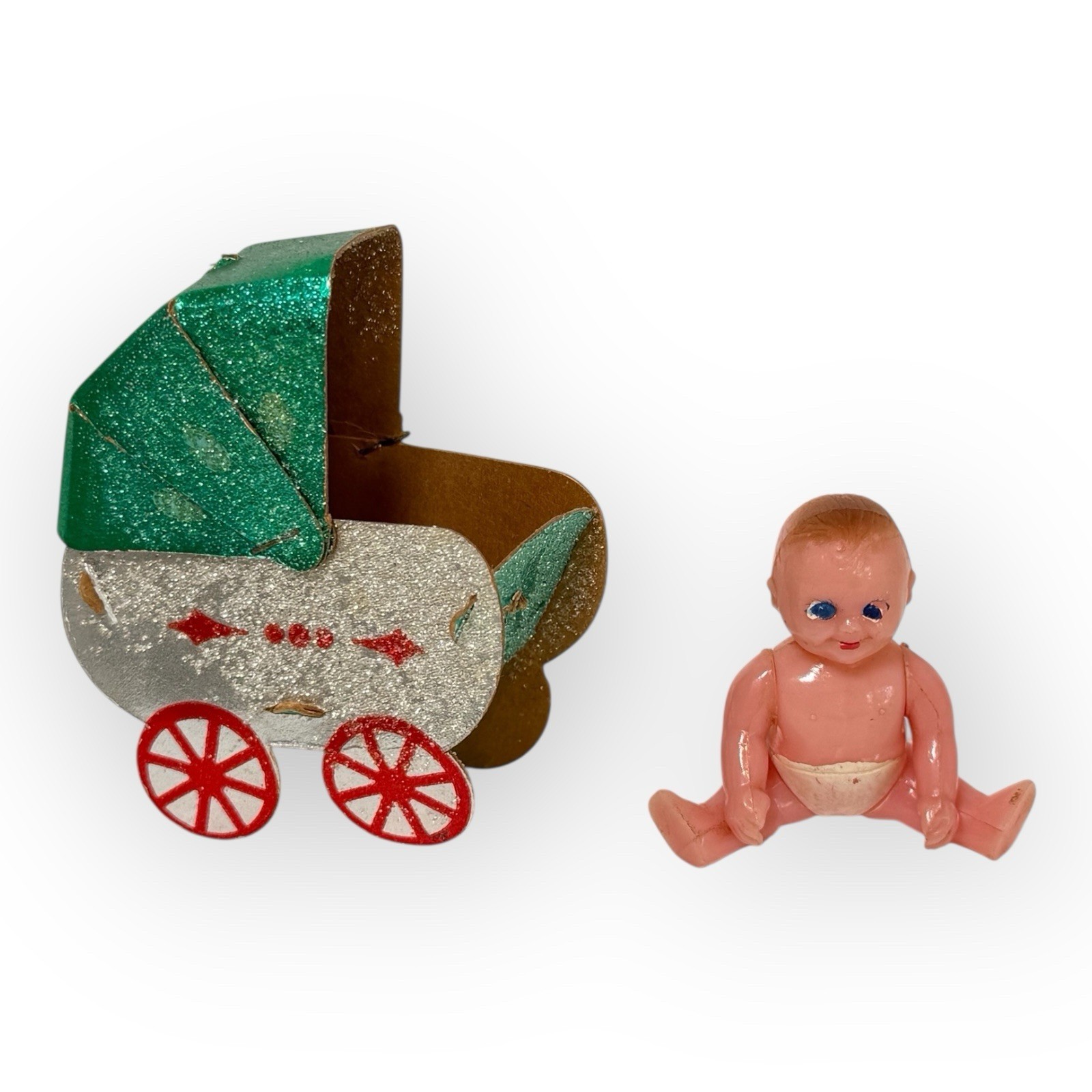 VTG 1950s Sugared Metallic Cardboard Pram Ornament Renwal Baby No 8 Doll First