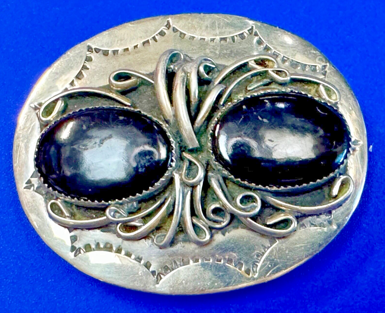 Gorgeous Arizona Silversmiths Handmade German Silver And Onyx Belt Buckle 