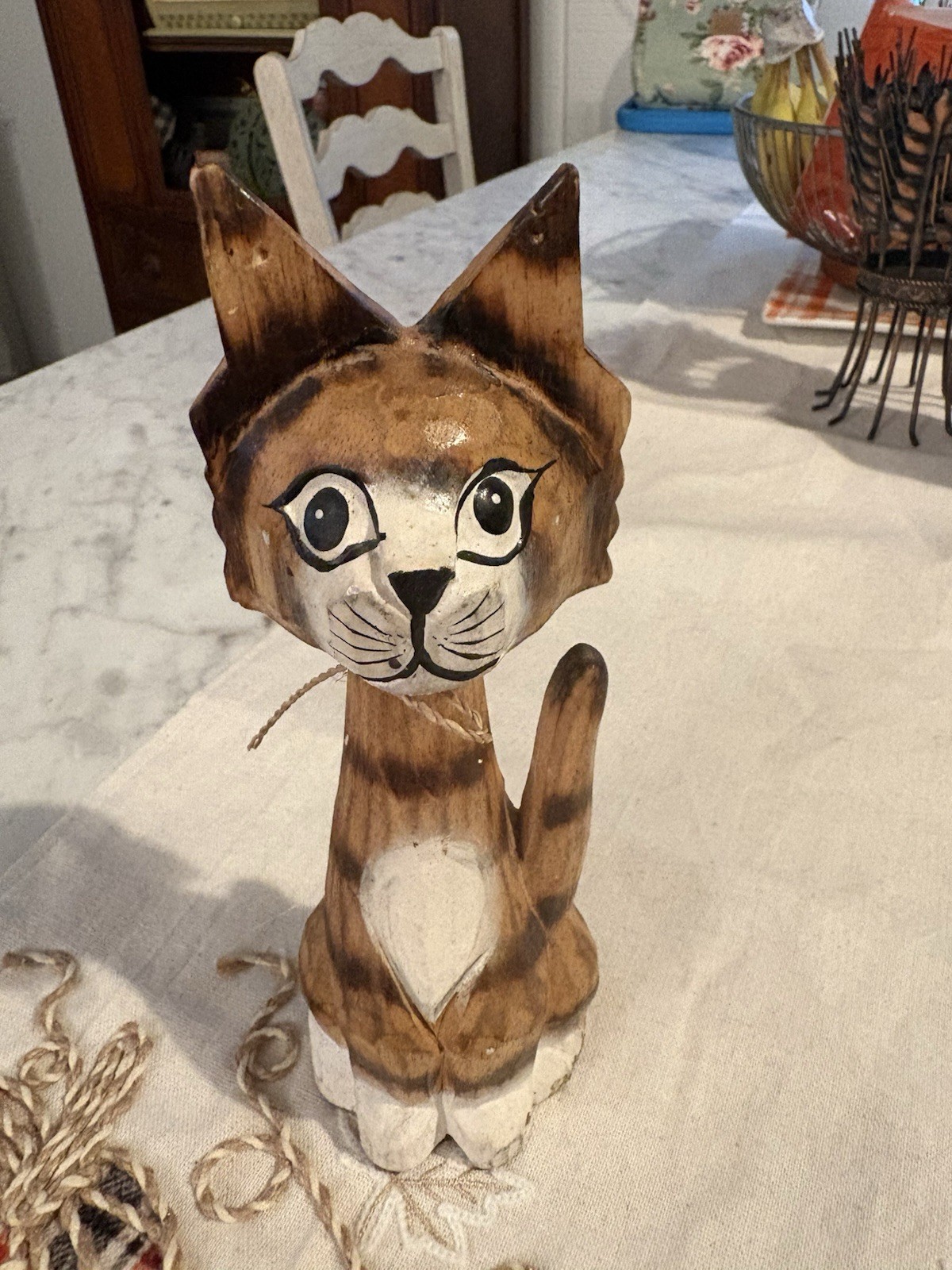 Vintage Hand Carved Wooden Cat 8” Signed Folk Art Sculpture Rustic Boho