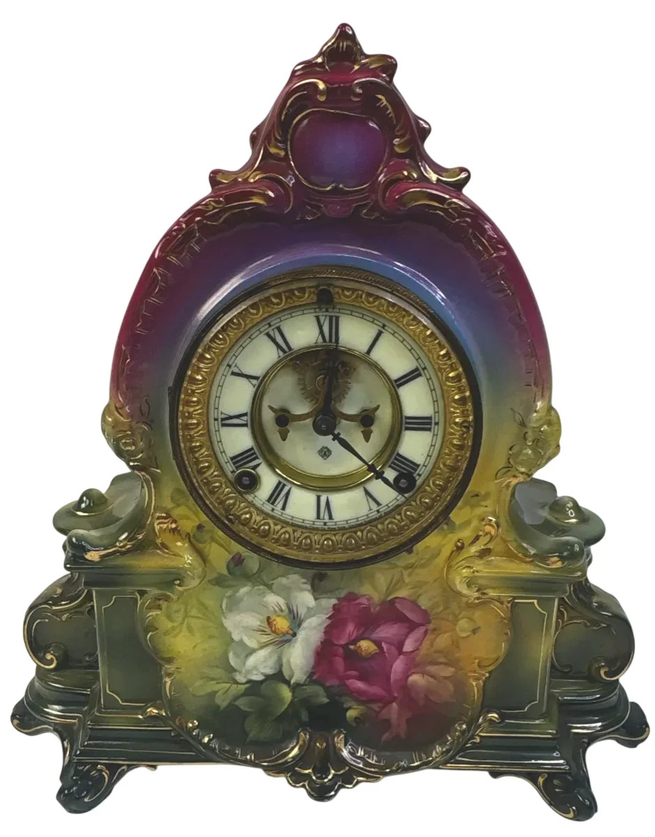 Antique Ansonia Royal Bonn La Manche Porcelain Mantel Clock Open Escapement