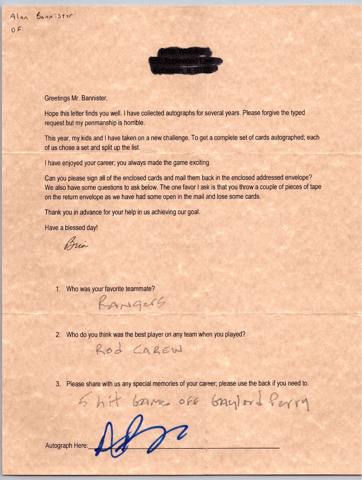 Alan Bannister Autographed Letter Handwritten Answers Rod Carew Gaylord Perry