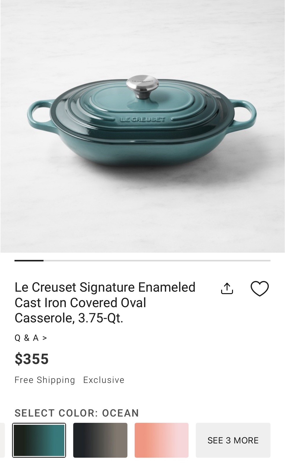 Le Creuset Signature Enameled Cast Iron Covered Oval Casserole 3.75Qt- All color Le Creuset Signature Enameled Cast Iron Covered Oval Casserole 3.75Qt- All color