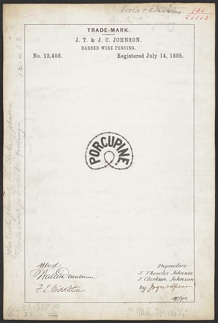 Photo:J.T. & J.C. Johnson Porcupine Barbed Wire Trademark 1880s