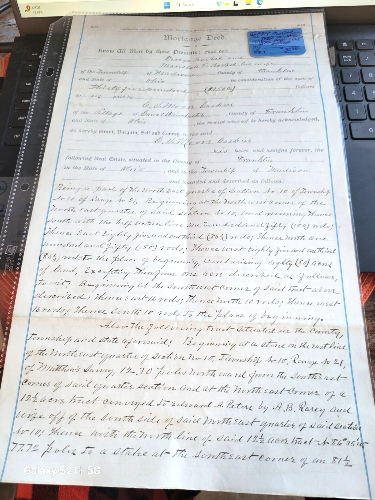 ANTIQUE 1899 MORTGAGE DEED WITH STAMPS FRANKLIN COUNTY OHIO
