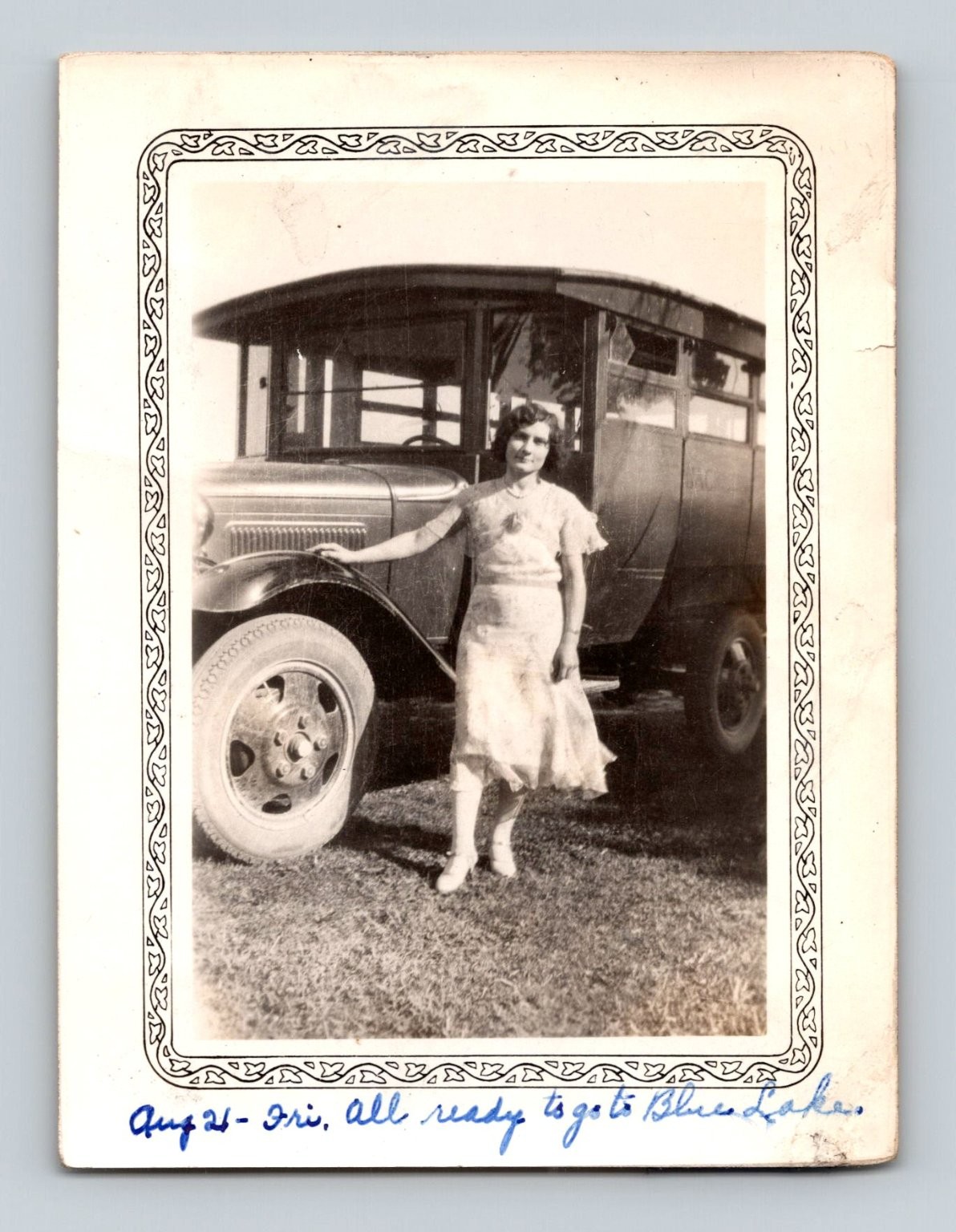 Vintage 1930s Black & White Photo Woman by Antique Car Blue Lake Trip