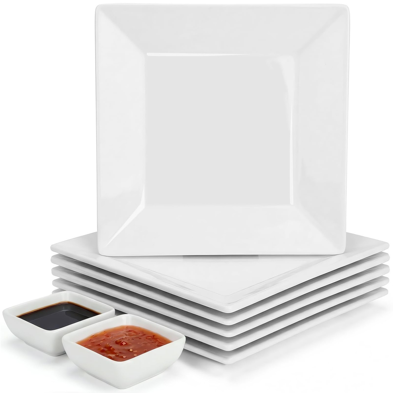 8\'\' Porcelain Dinner Plates Set, Square Serving Plate, White 8 Inch