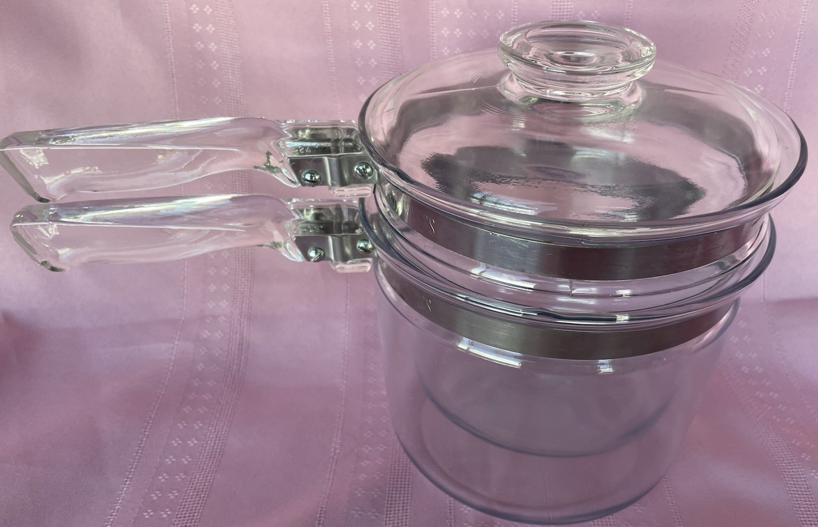 Vintage Pyrex Flame ware 1.5qt Double Boiler With Lid Made In USA