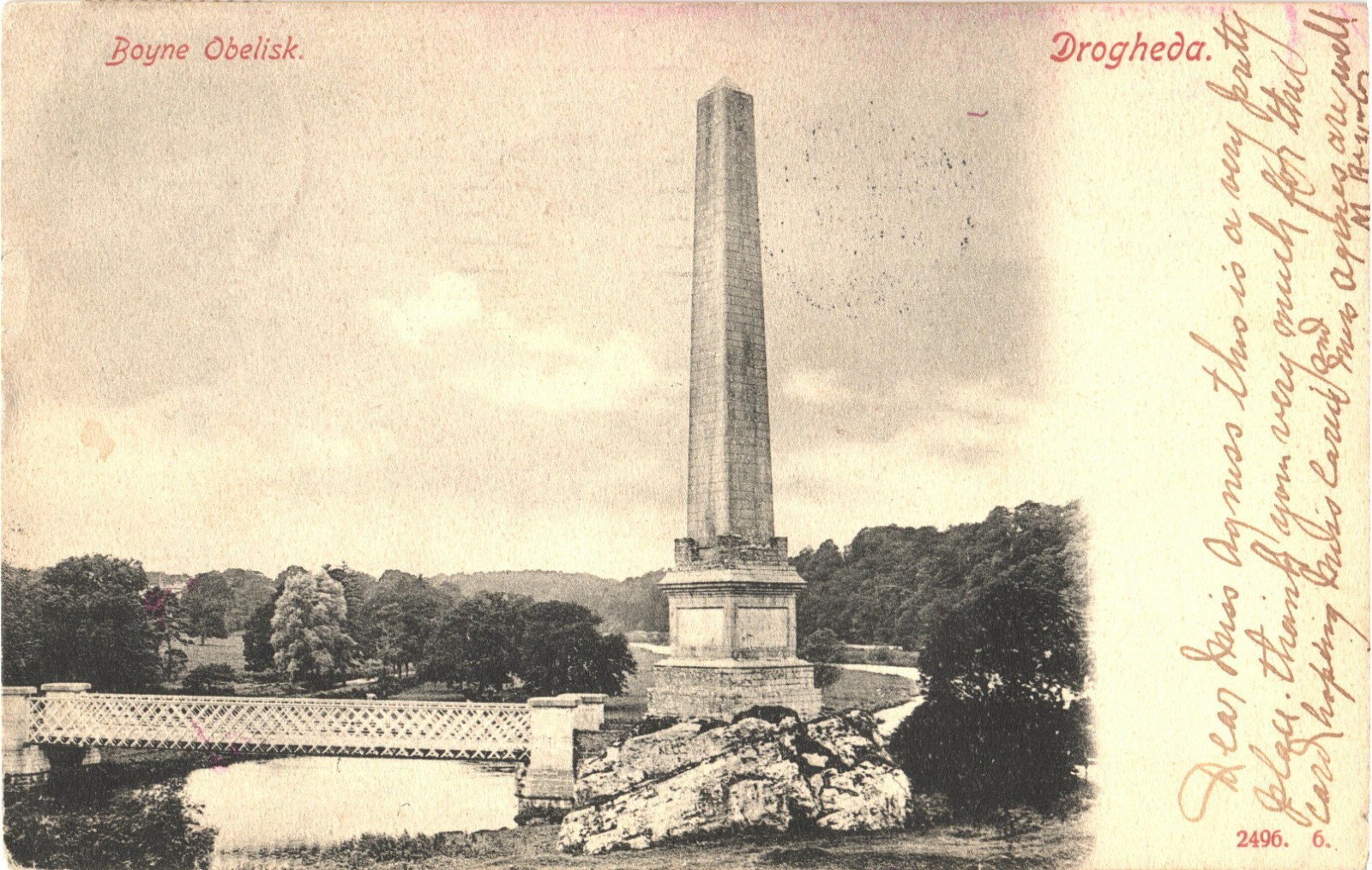 Drogheda Ireland Boyne Obelisk Undivided Back Postcard 1904 Posted Drogheda Ireland Boyne Obelisk Undivided Back Postcard 1904 Posted