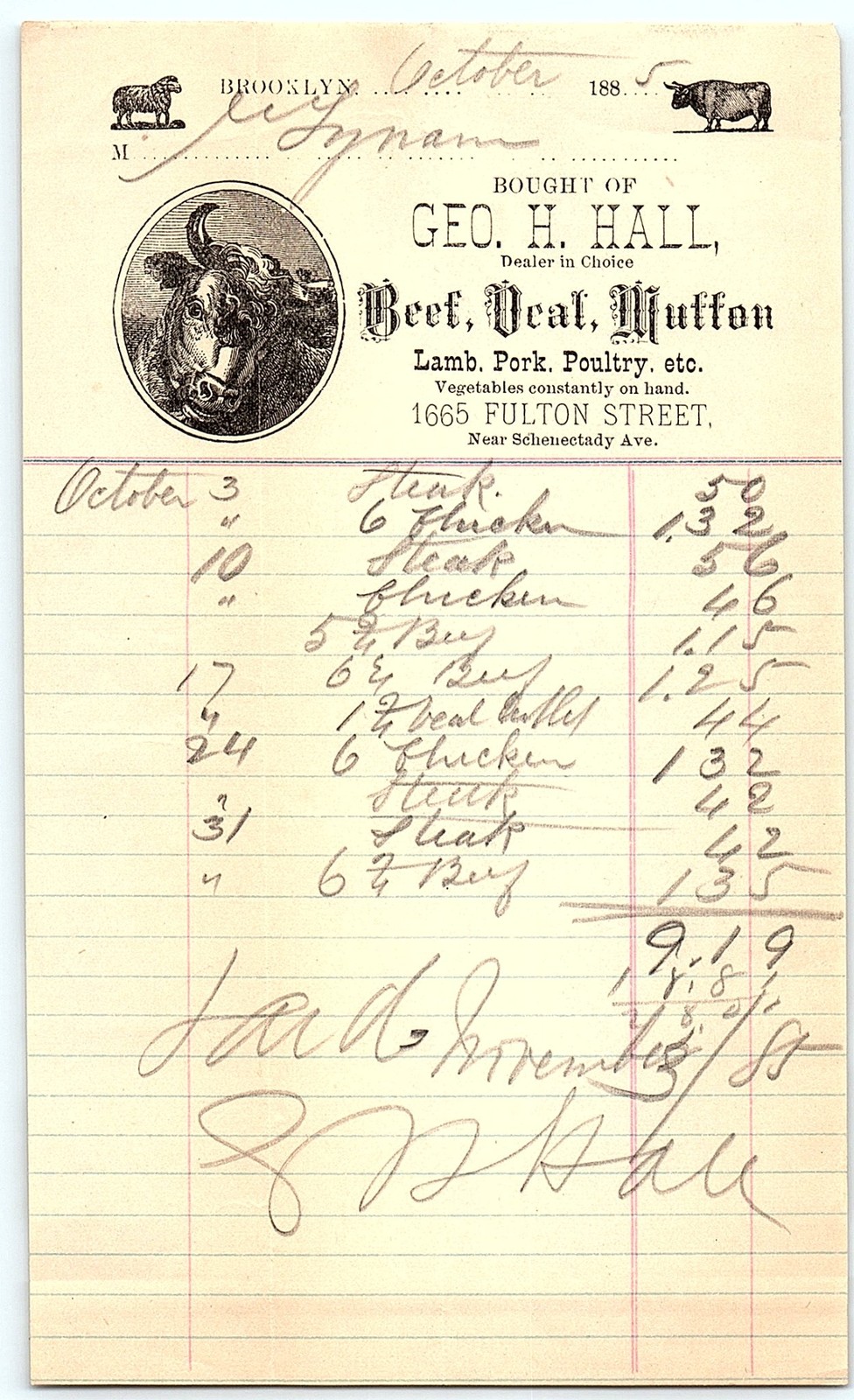 1880s Brooklyn Butcher Billhead w/ Cattle Engraving