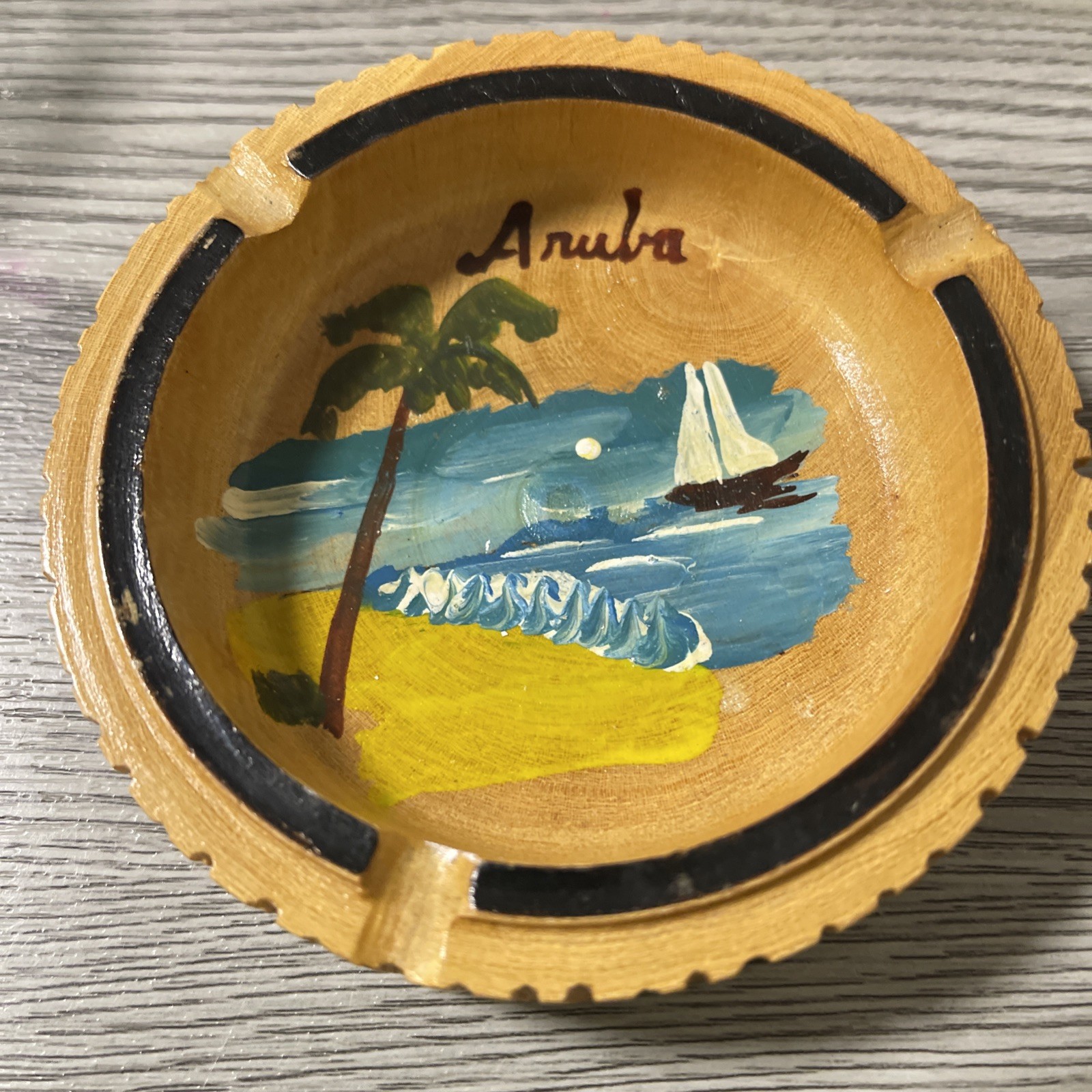 Vintage Tree Sea Yatch Wood Ashtray From Aruba Wooden Souvenir Ashtray Retro