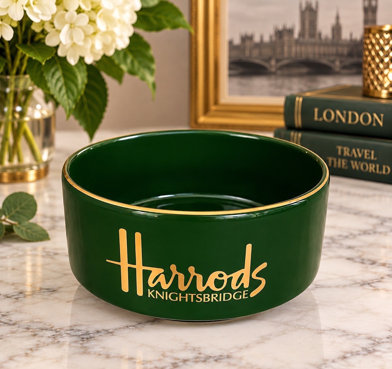 Harrods Knightsbridge Green Ceramic Trinket Bowl Gold Logo Made England