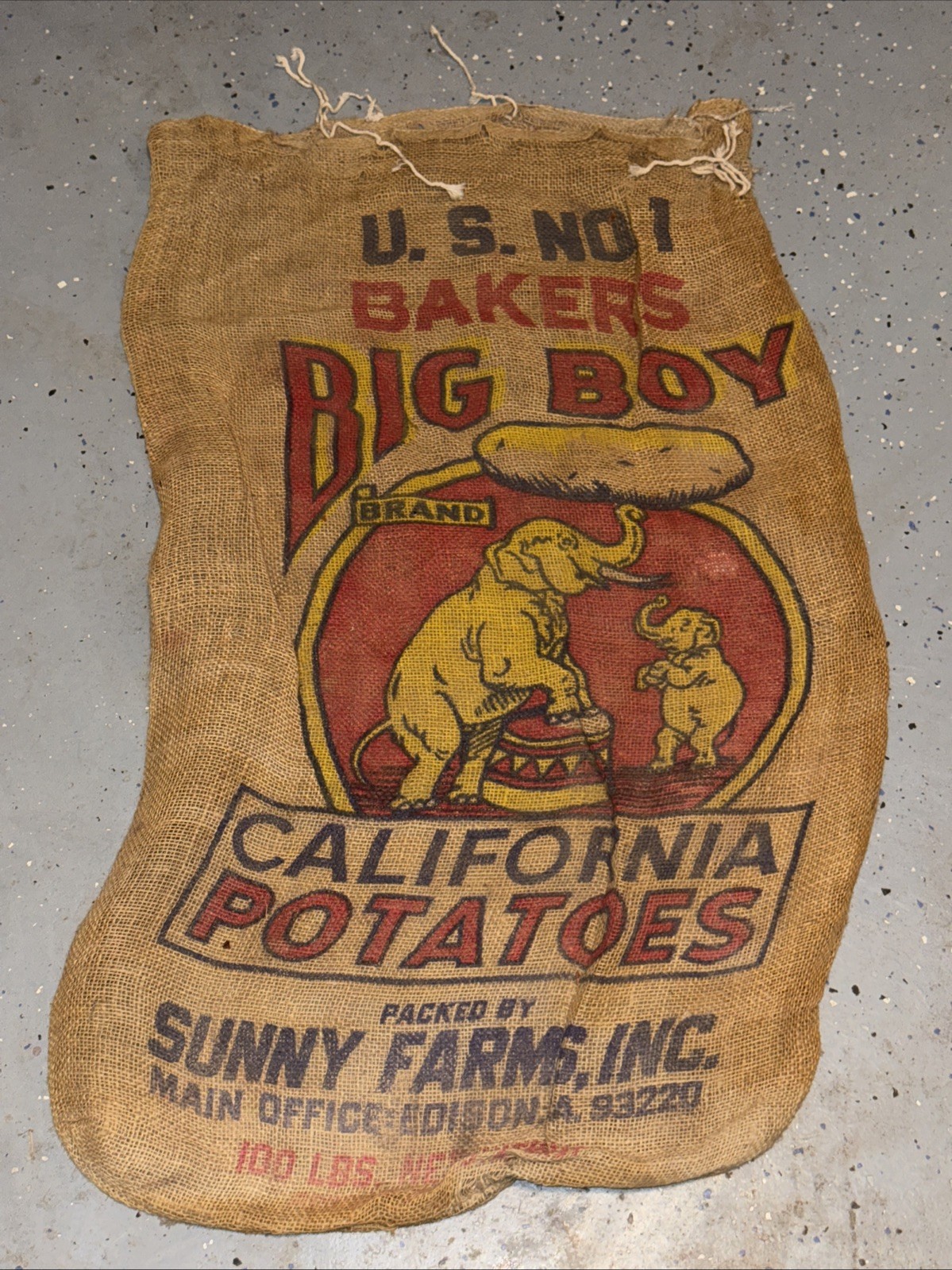VTG Bakers Big Boy California Potatoes Burlap Bag 100 lb Gunny Sack Rare Antique