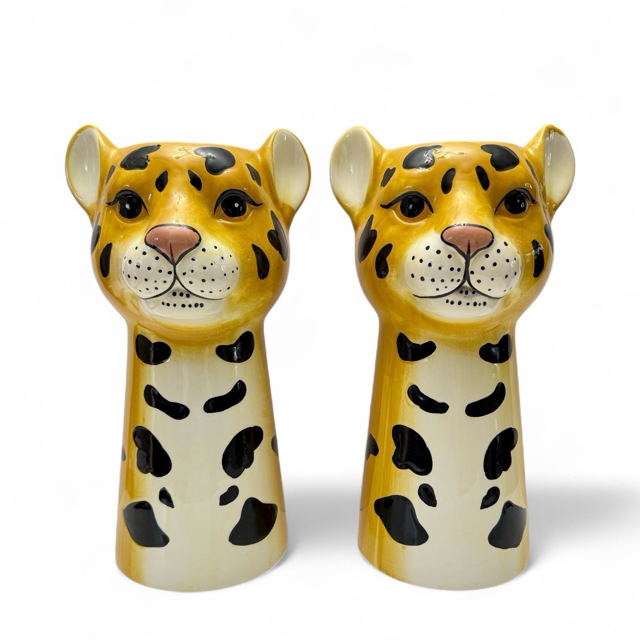 Ashland Pair Set of Cheetah Jungle Cat Head Ceramic Vases 12-3/4in.