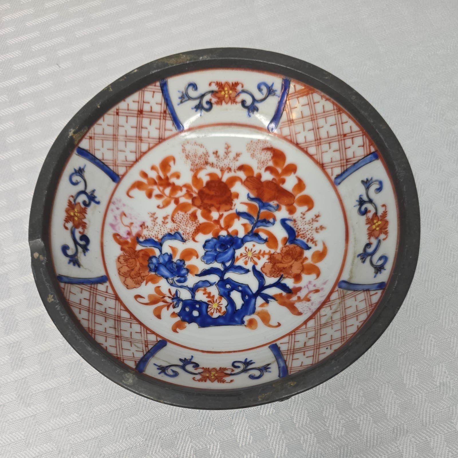 Hand Painted Canton Ware Porcelain Ashtray Japanese Mounted In Pewter Hand Painted Canton Ware Porcelain Ashtray Japanese Mounted In Pewter