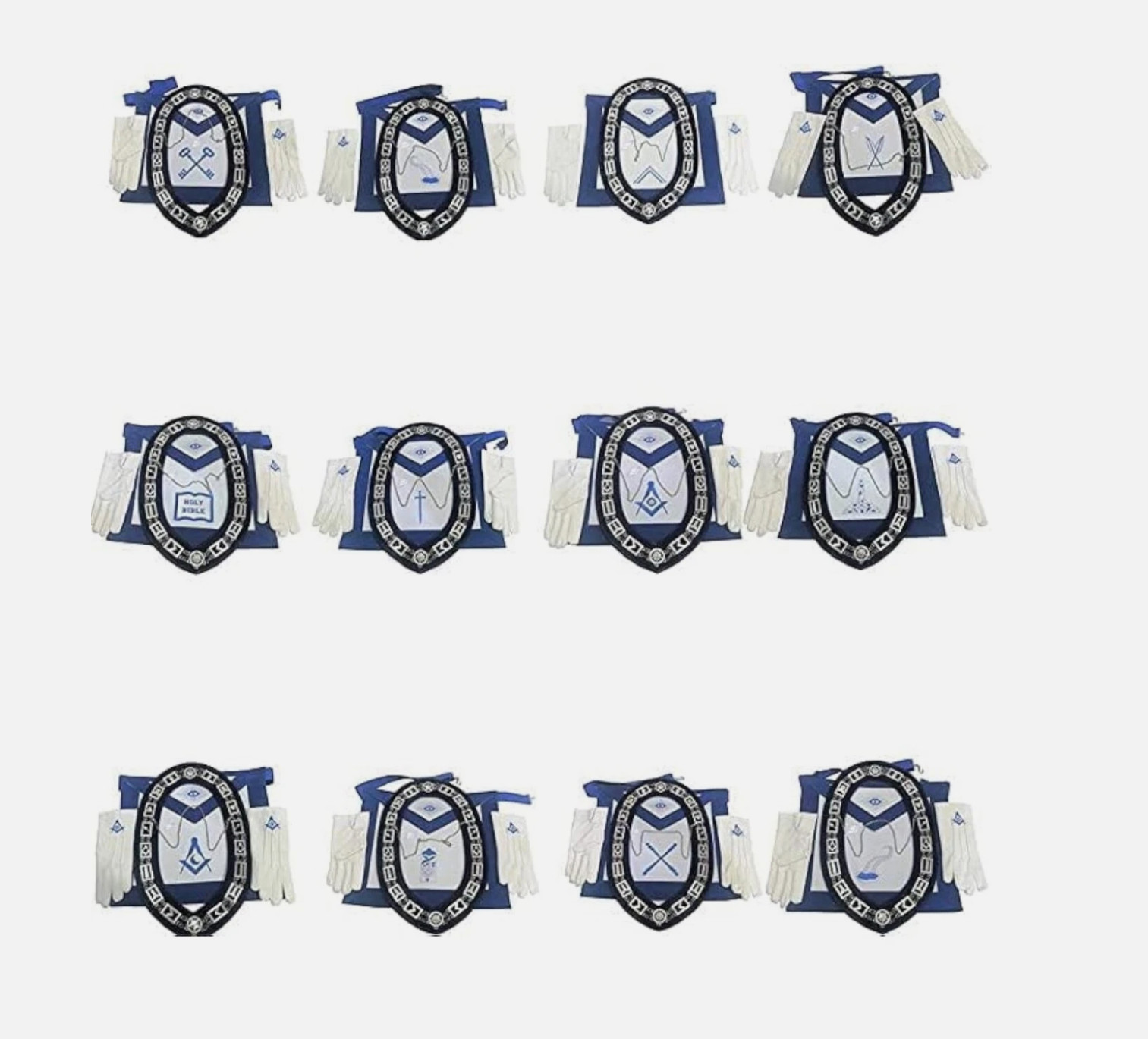 Masonic Blue Lodge Officer Aprons, Chain Collar with jewel, Glove Set Pack of 12 Masonic Blue Lodge Officer Aprons, Chain Collar with jewel, Glove Set Pack of 12