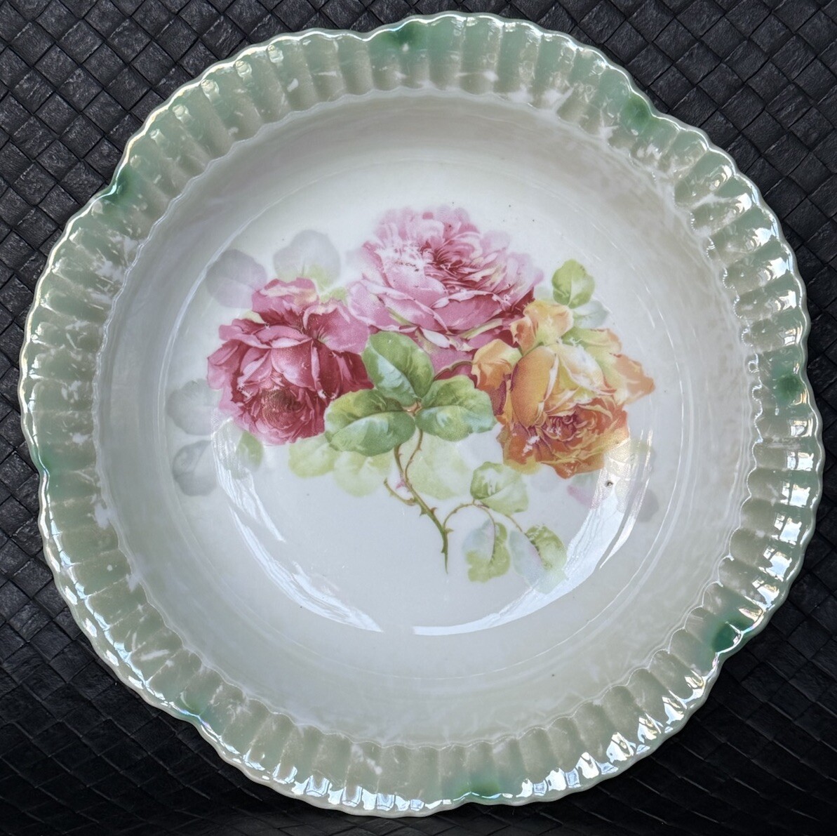 Antique Serving Bowl c1890-1914 Germany Roses Green Lustreware Edge 9”x 2 1/4” Antique Serving Bowl c1890-1914 Germany Roses Green Lustreware Edge 9”x 2 1/4”