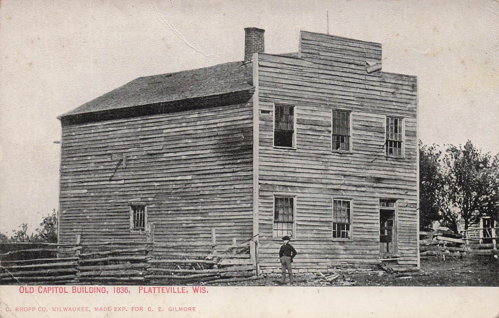 Platteville WI Wisconsin Old Capitol Building Log Cabin Historic Vtg Postcard 1A