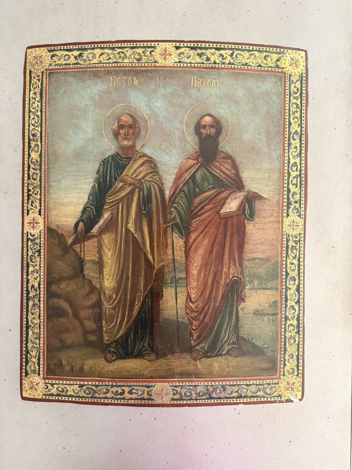 Rare Orthodox Icon Holy Apostles Peter and Paul wood 19C Size 16in X 13in