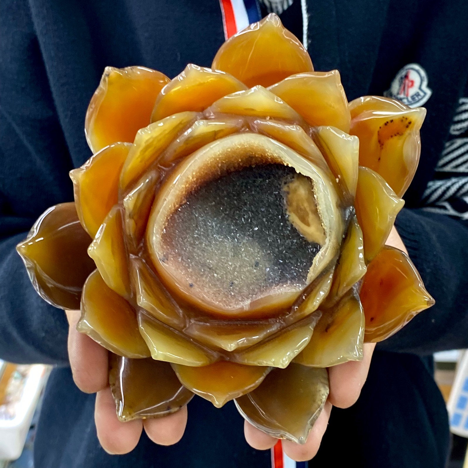 2.73LB Natural Agate Geode Carved Lotus Flower, Hand Carved Healing Crystal Home