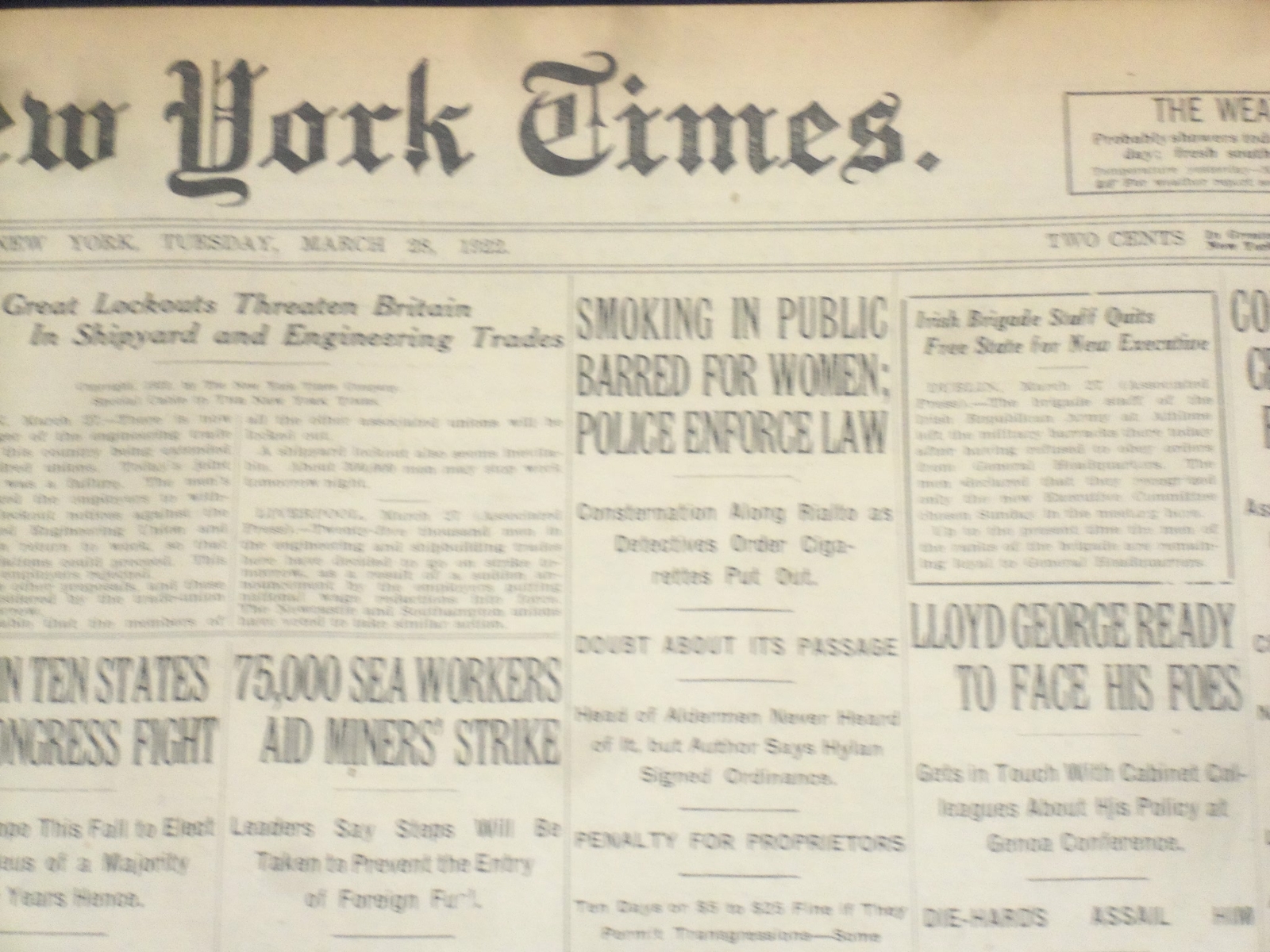 1922 MARCH 28 NEW YORK TIMES - SMOKING IN PUBLIC BARRED FOR WOMEN - NT 8323