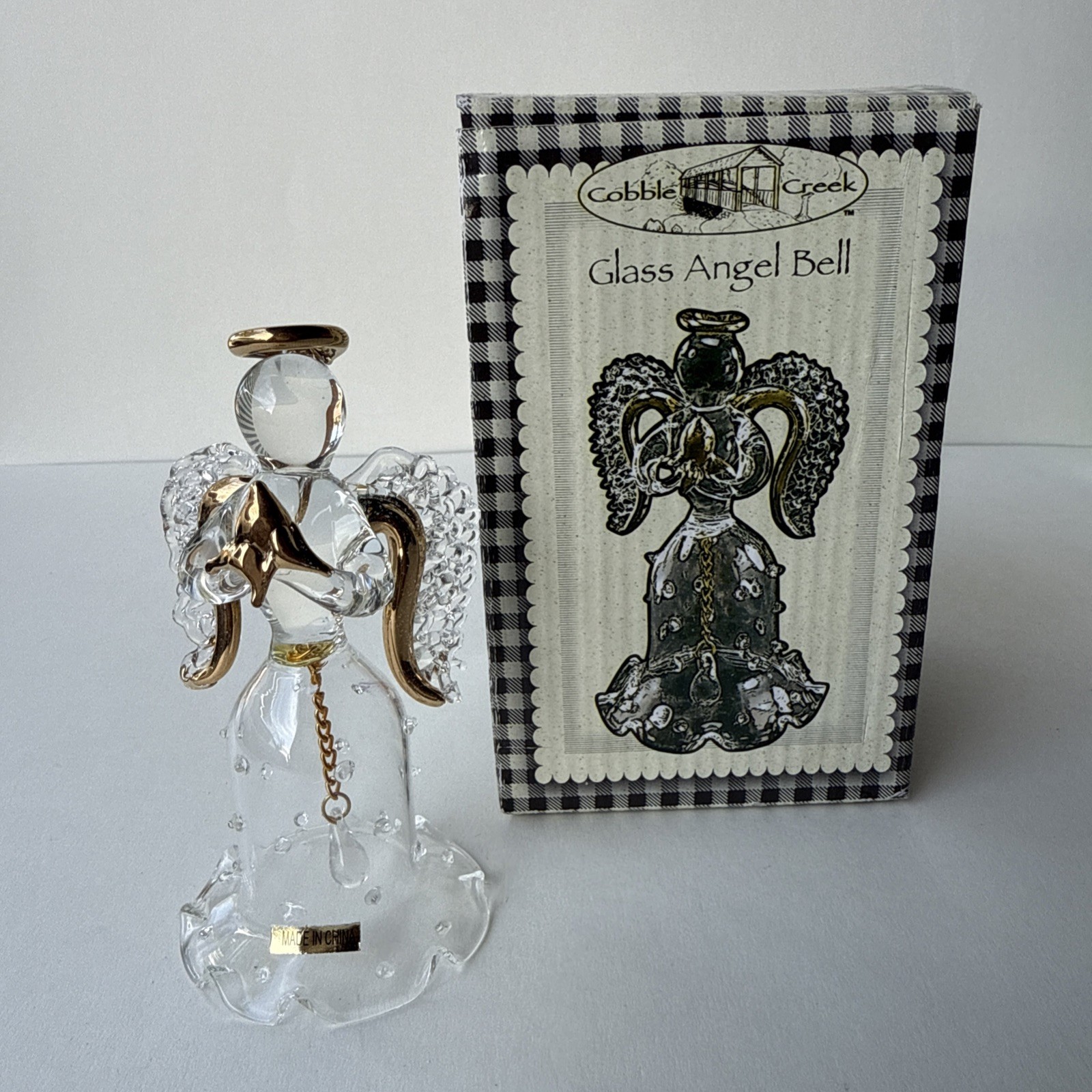 Cobble Creek Clear Glass Angel Bell Figurine Goldtone Angel Cherry Dale Farm
