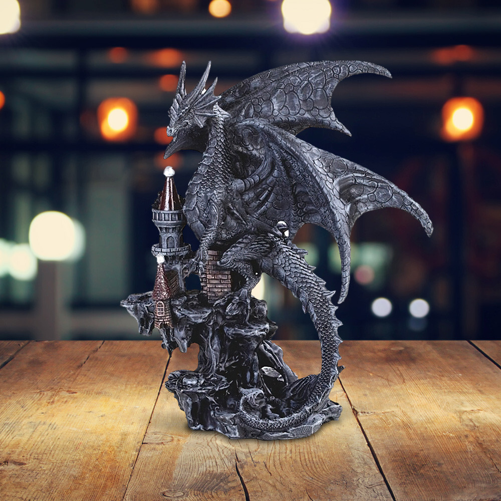 Medieval Black Dragon on Castle Statue 7.75 Medieval Black Dragon on Castle Statue 7.75