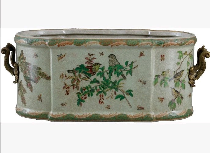 Beautiful Floral & Birds Garden Porcelain Large Planter,Jardiniere-21'' x 9''H