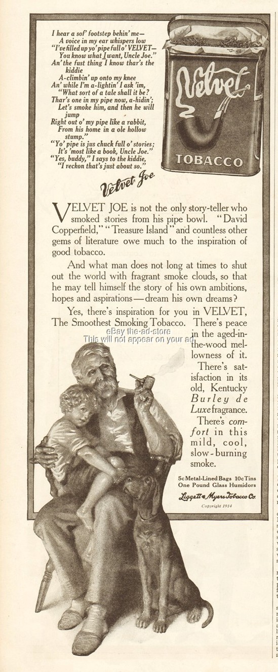 1914 Velvet Joe Pipe Tobacco Liggett & Myers Storyteller Poem Vintage Print Ad