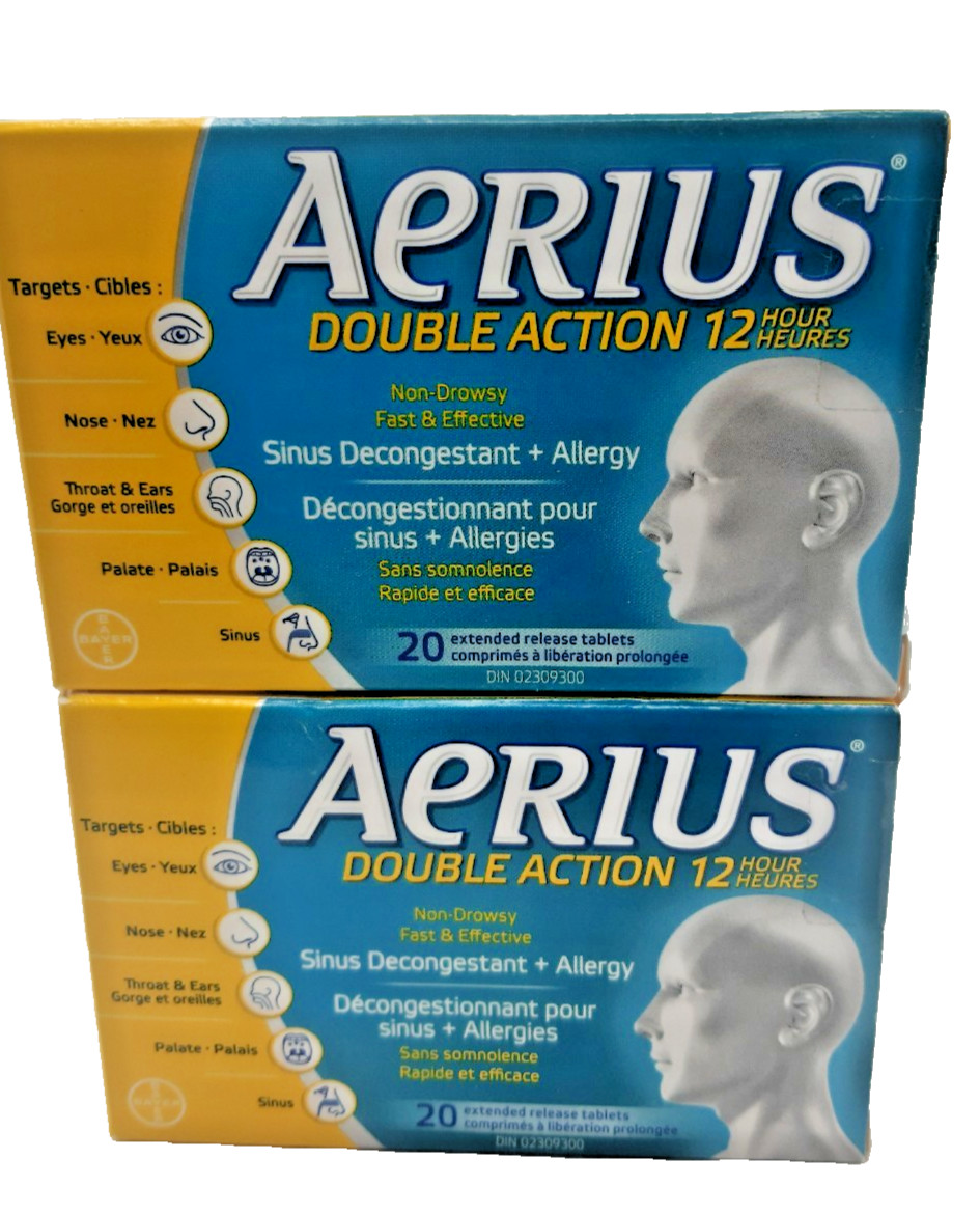 2X Aerius Double Action 12 Hour Sinus Allergy Relief 20 tablets EXP 2026