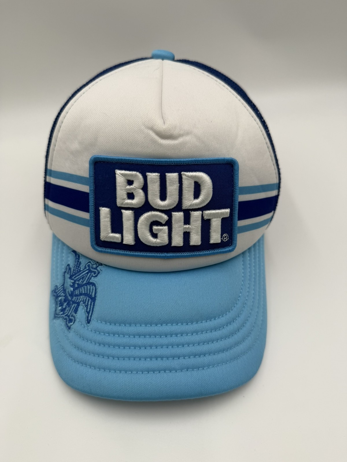 Budweiser Bud Light Blue White Trucker Hat Snapback Adjustable Cap Beer Adult