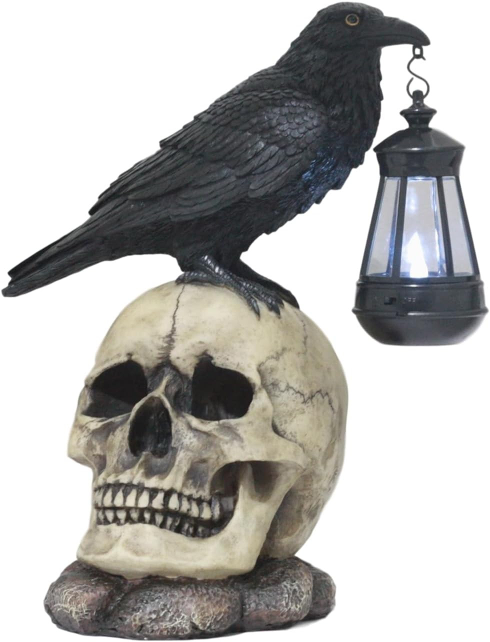Ebros Gift Edgar Allan Poe Corvus Raven Perching on Rose Skull Statue with Solar