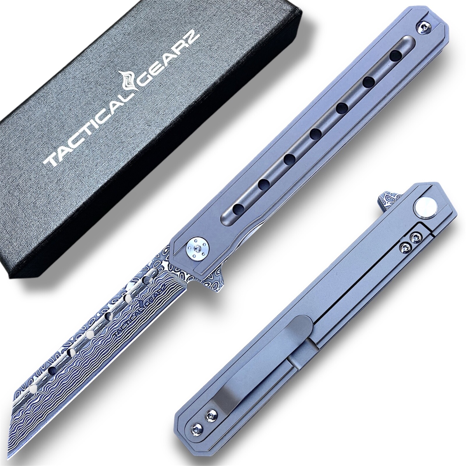 Full Tc4 Titanium EDC Folding Knife Damascus Steel Tanto Blade Ball Bearing