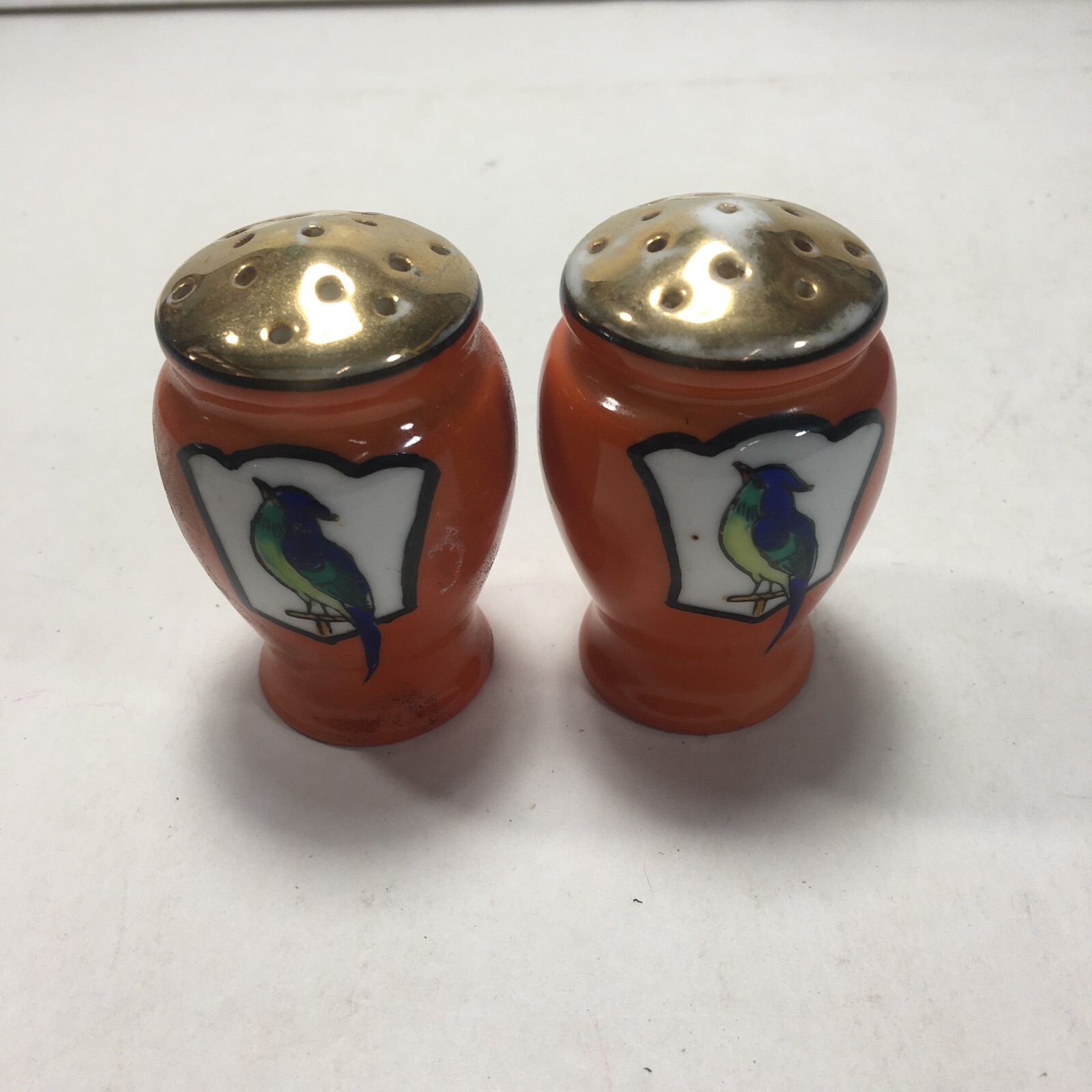 Vintage Ceramic Orange Salt & Pepper Shakers Japan Bird Colorful Small