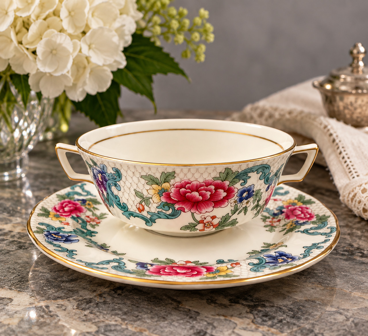 Vintage Royal Doulton Booths Floradora Gold TC1127 Two-Handled Soup Bowl Saucer