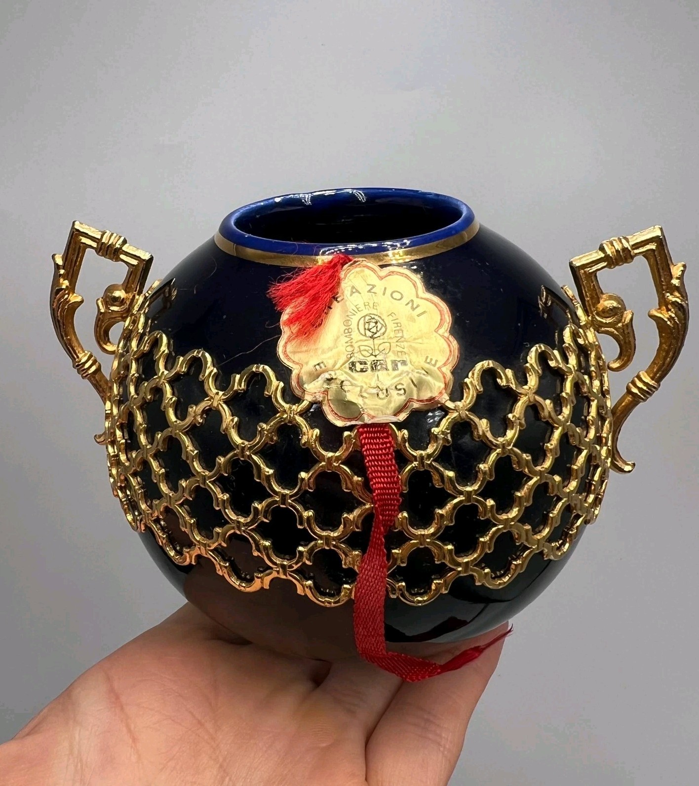 Vintage Italian Cobalt Porcelain Vase Gold Lattice Creazioni Firenze Decor