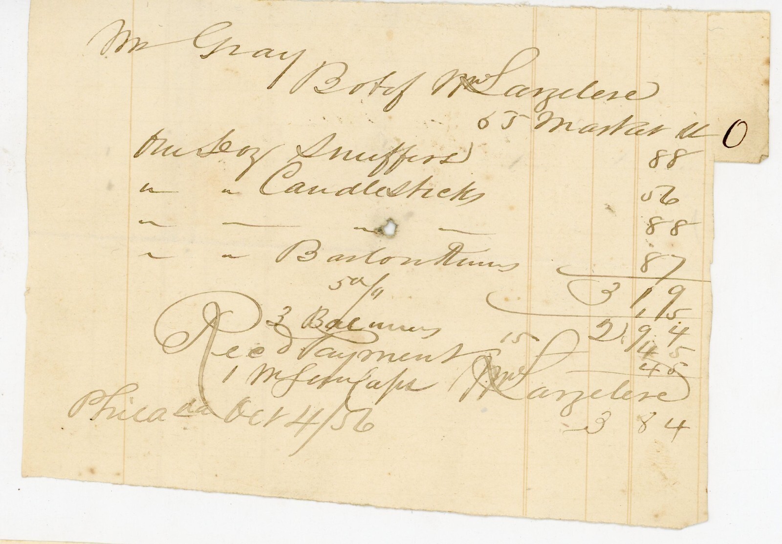 1856 Philadelphia Merchant Invoice Wm. Langlee Candlestick & Snuffers Receipt 1856 Philadelphia Merchant Invoice Wm. Langlee Candlestick & Snuffers Receipt