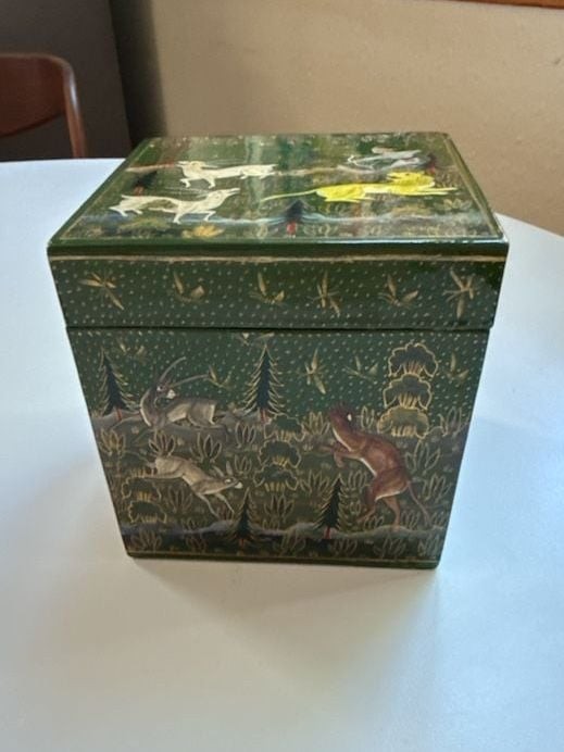 Vintage Hand-Painted Kashmiri Lacquered Wood Storage Box with Forest Hunt Scene