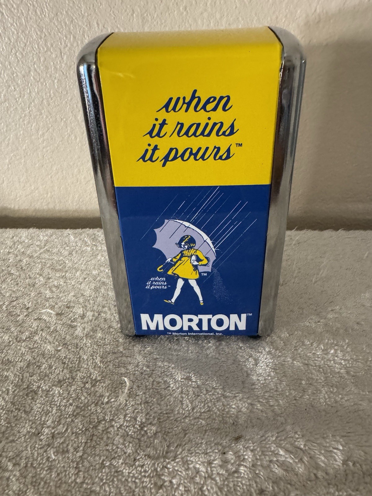 Vintage Morton Salt When It Rains It Pours Metal Napkin Dispenser Advertising