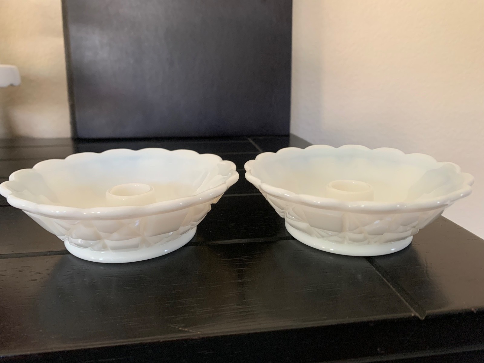 Vintage White Milk Glass Quilt Scalloped Style Taper Candle Holders Lot Of 2