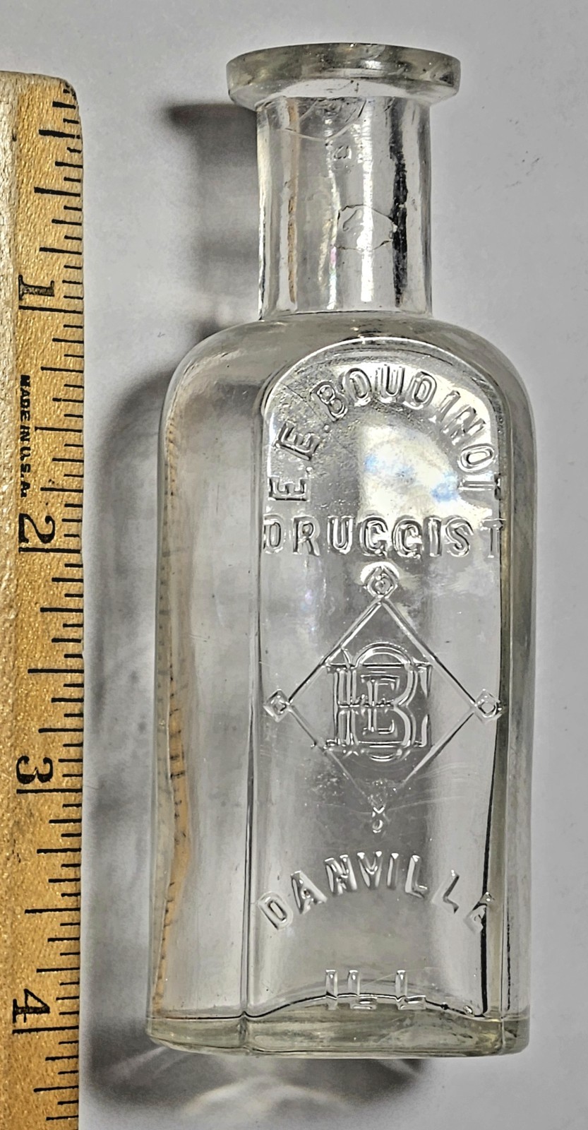 Rare 1878 DANVILLE, ILLINOIS Medicine/Prescription Bottle E.E. BOUDINOT DRUGGIST