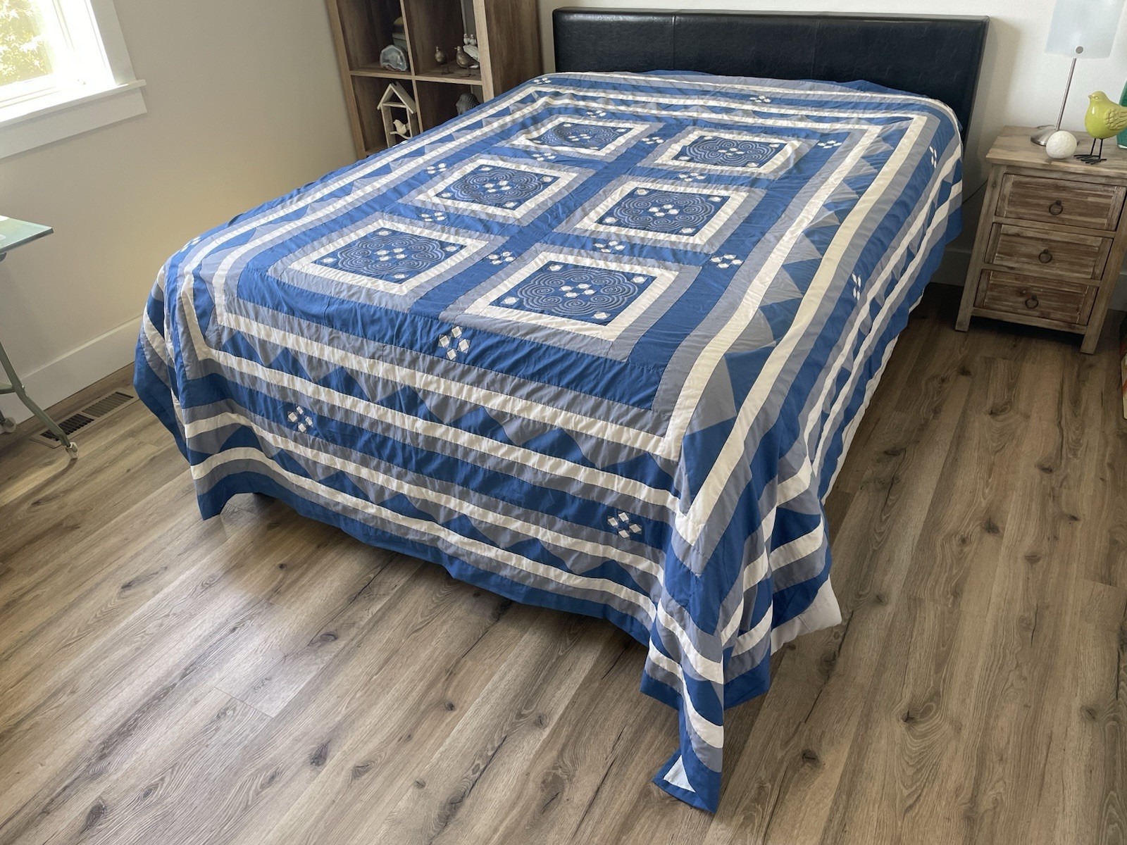 Vintage Hmong Paj Ntaub Applique Bedspread Blue White Spiral Textile 89x105”