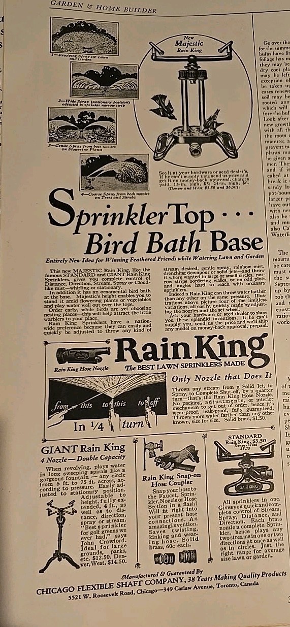 1928 Rain King majestic water sprinkler bird bath base vintage ad