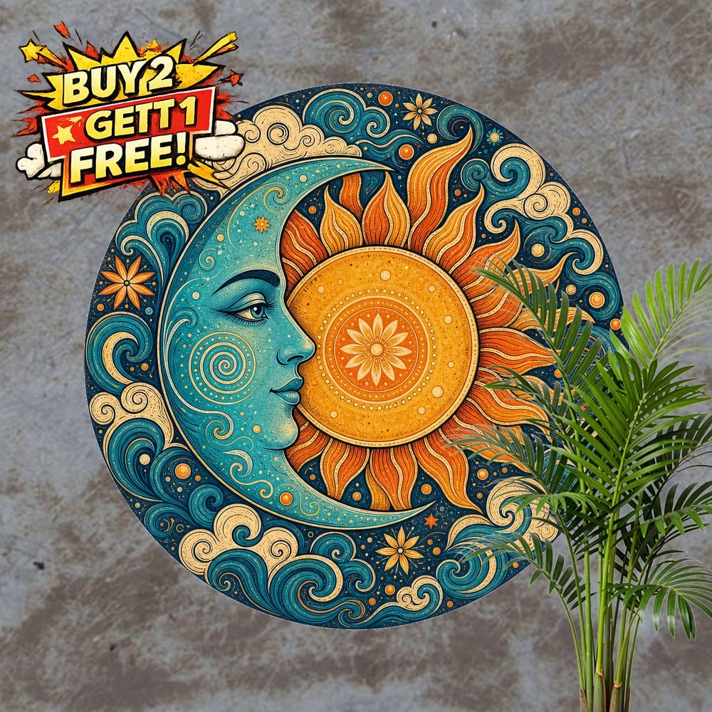 Sun Moon Celestial Wall Art Metal Sign Vintage Round Home Plaque Decor 8x8