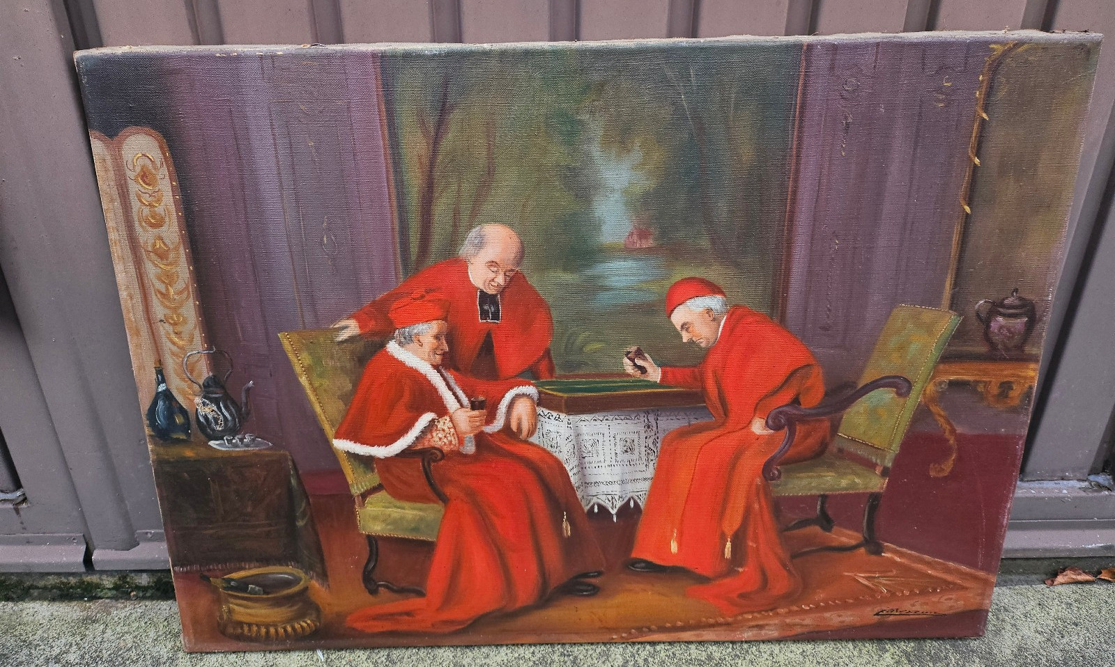 Antique Oil canvas painting cardinals playing Board game interior religious Antique Oil canvas painting cardinals playing Board game interior religious