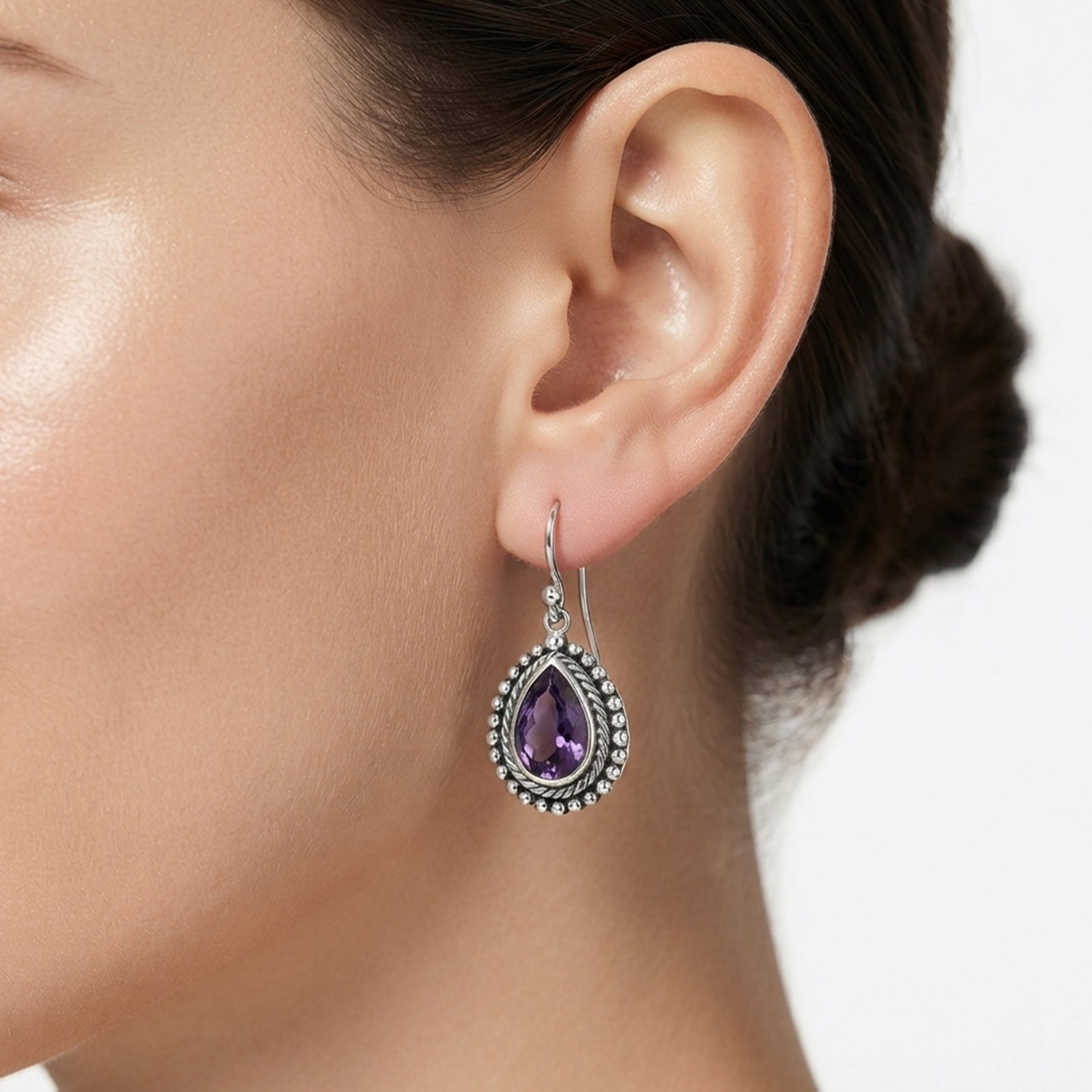 Natural Purple Amethyst Teardrop Earrings 925 Sterling Silver Boho Drop Dangle