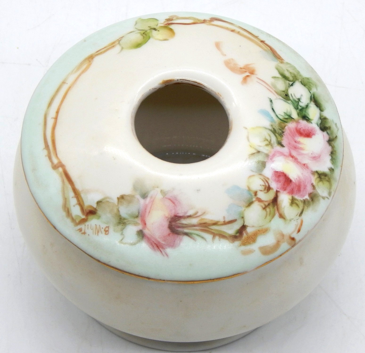 Antique MZ Austria Porcelain Hair Receiver Hand Painted Floral Vanity Jar
