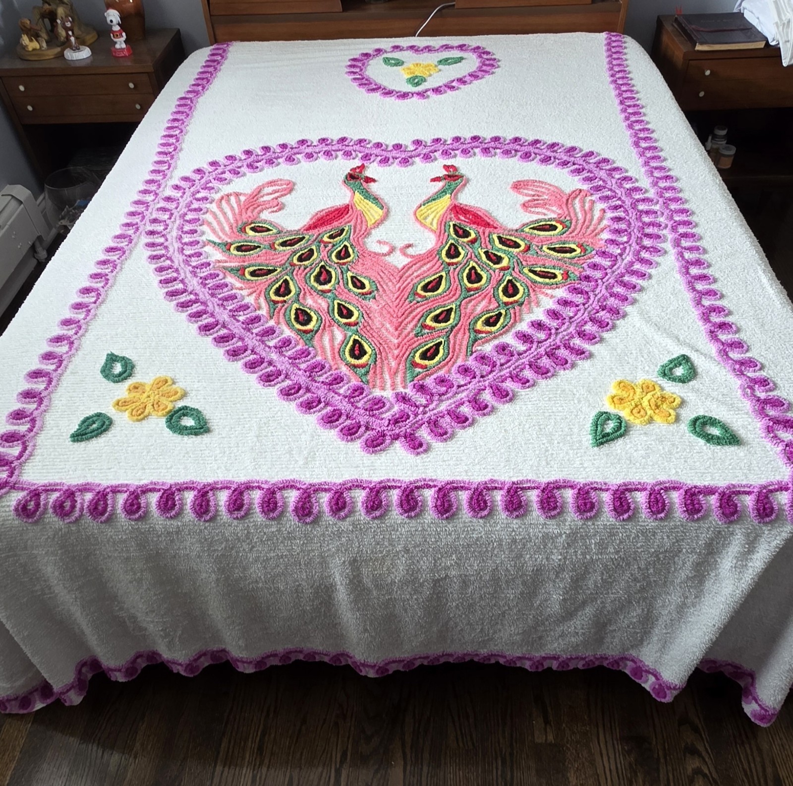 VTG Double/Queen Peacock Purple Pink Flowers Chenille Bedspread Size VTG Double/Queen Peacock Purple Pink Flowers Chenille Bedspread Size