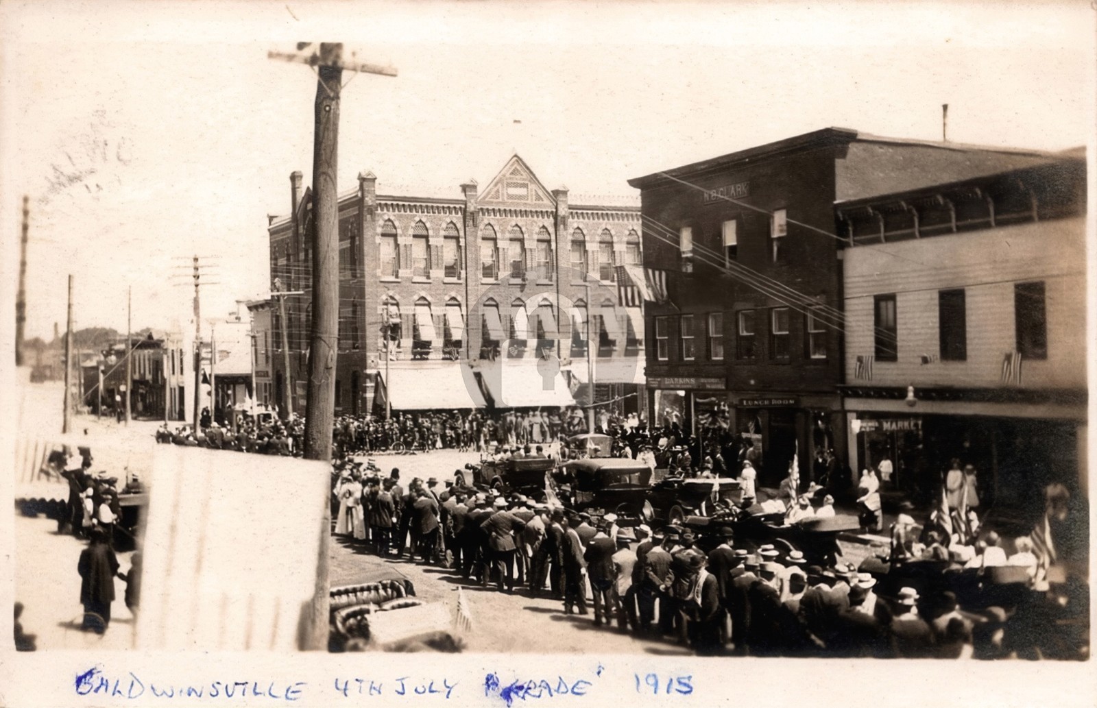July 4th 1915 Parade w Stores Baldwinsville NY New York RPPC Photo Postcard COPY