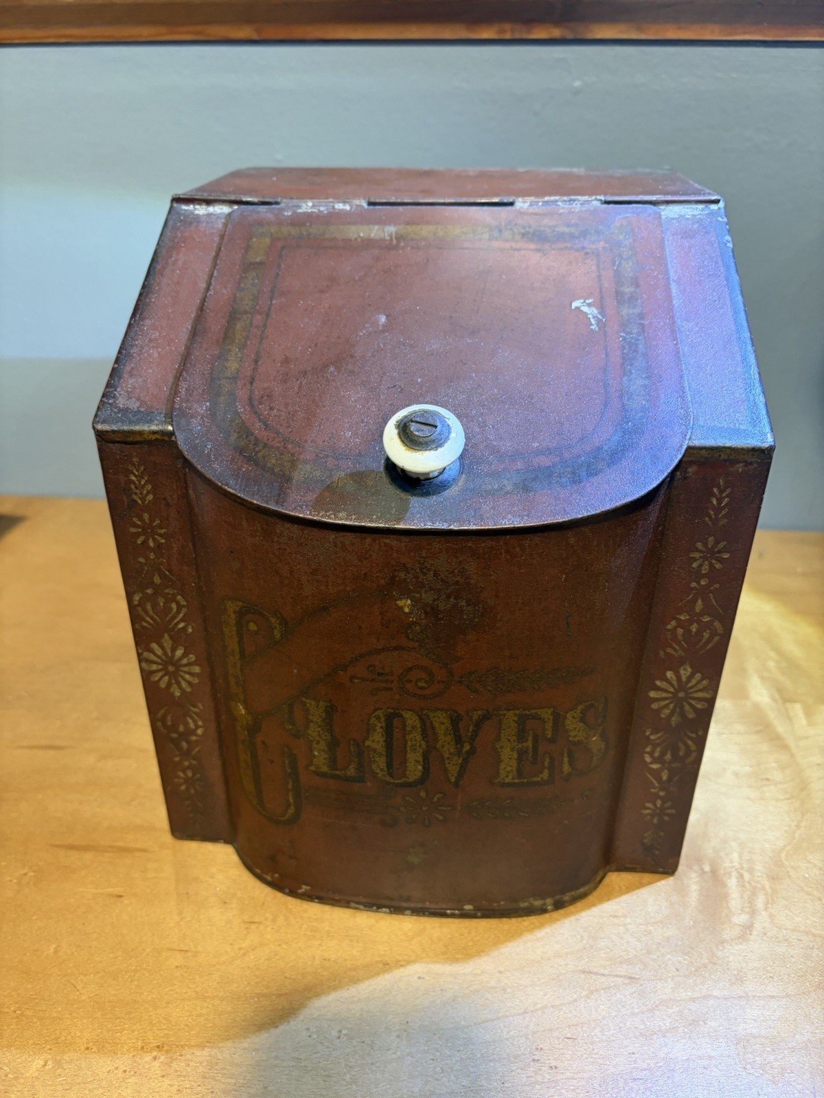 Antique Victorian Toleware CLOVES Spice Tin Canister Porcelain Knob 1800s Antique Victorian Toleware CLOVES Spice Tin Canister Porcelain Knob 1800s