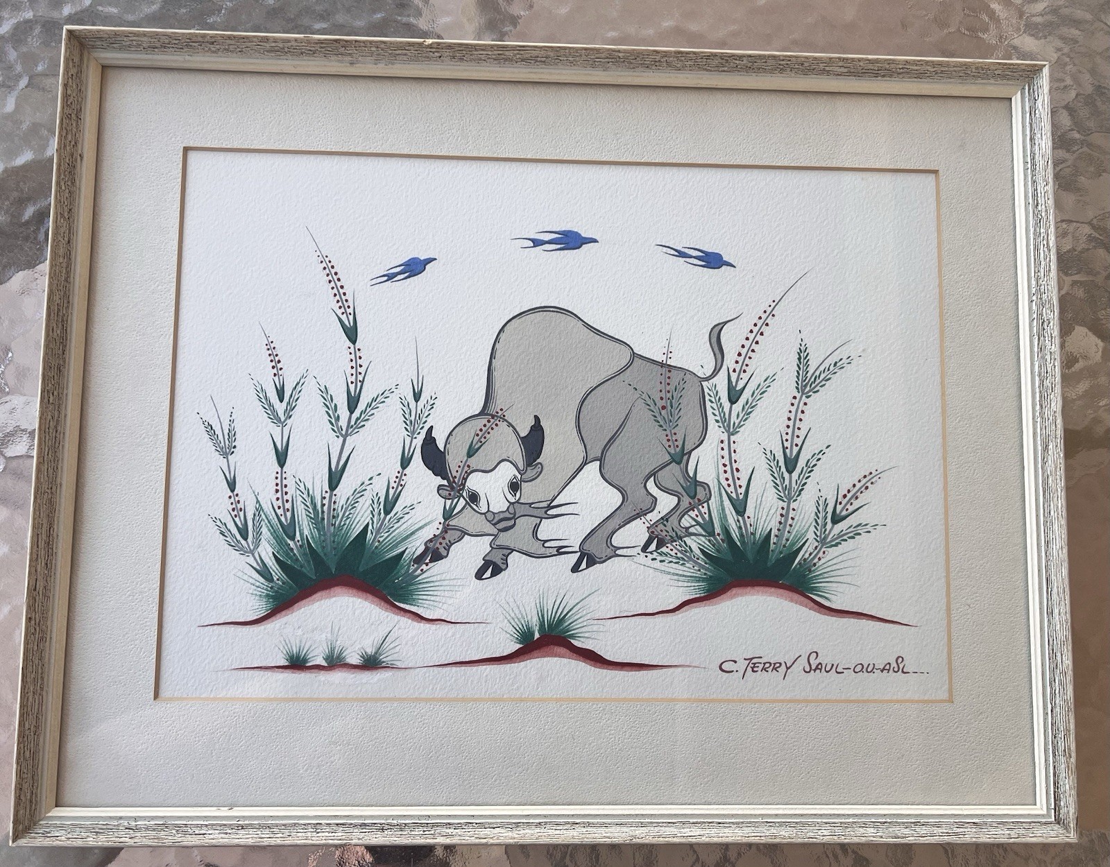 Native American Art Watercolor On Paper White Bison Artist Chief Carl Terry Saul